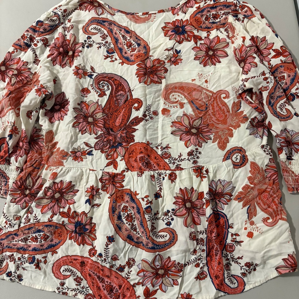 Unique Spectrum Paisley Floral Peplum Blouse 1X Ivory‎ Coral Rayon Button Front - Picture 10 of 10